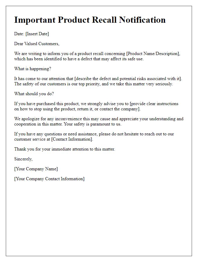 Letter template of product defect recall notification for public announcements.