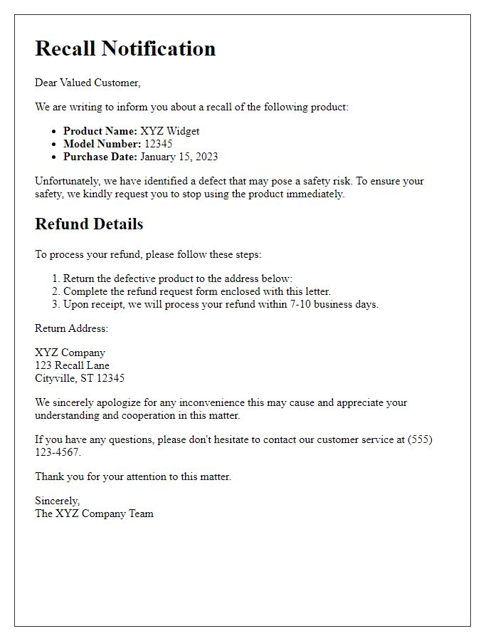 Letter template of product defect recall notification with refund details.