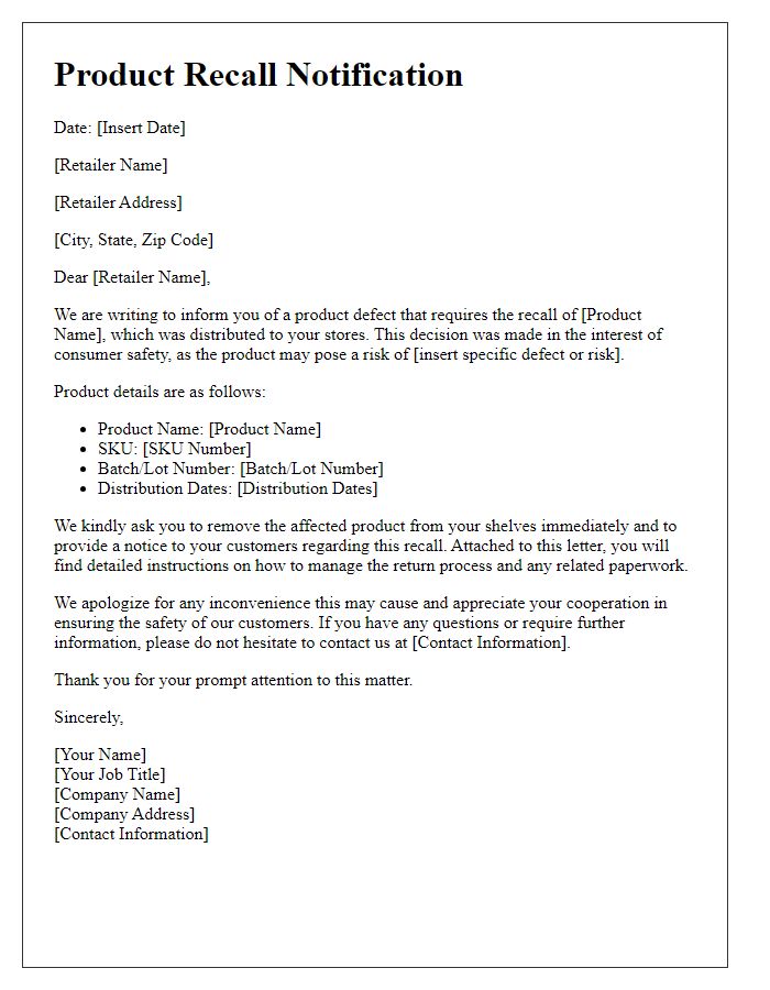 Letter template of product defect recall notification for retailers.