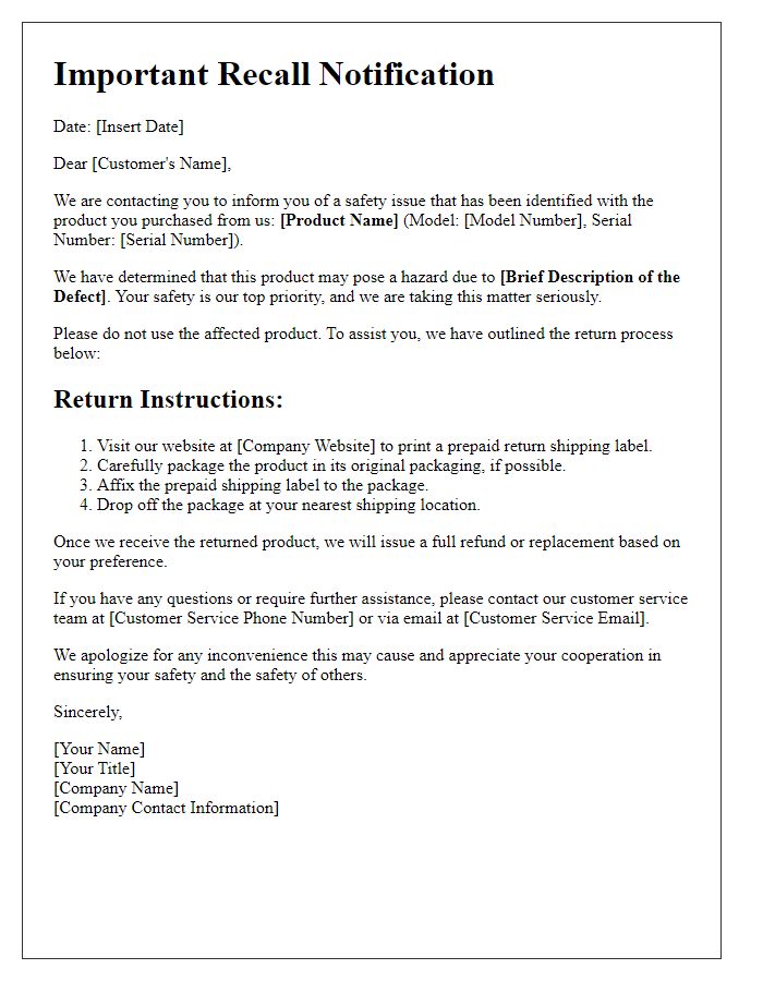 Letter template of product defect recall notification with return instructions.