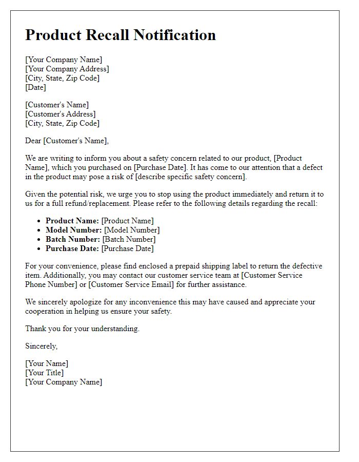 Letter template of product defect recall notification for safety concerns.