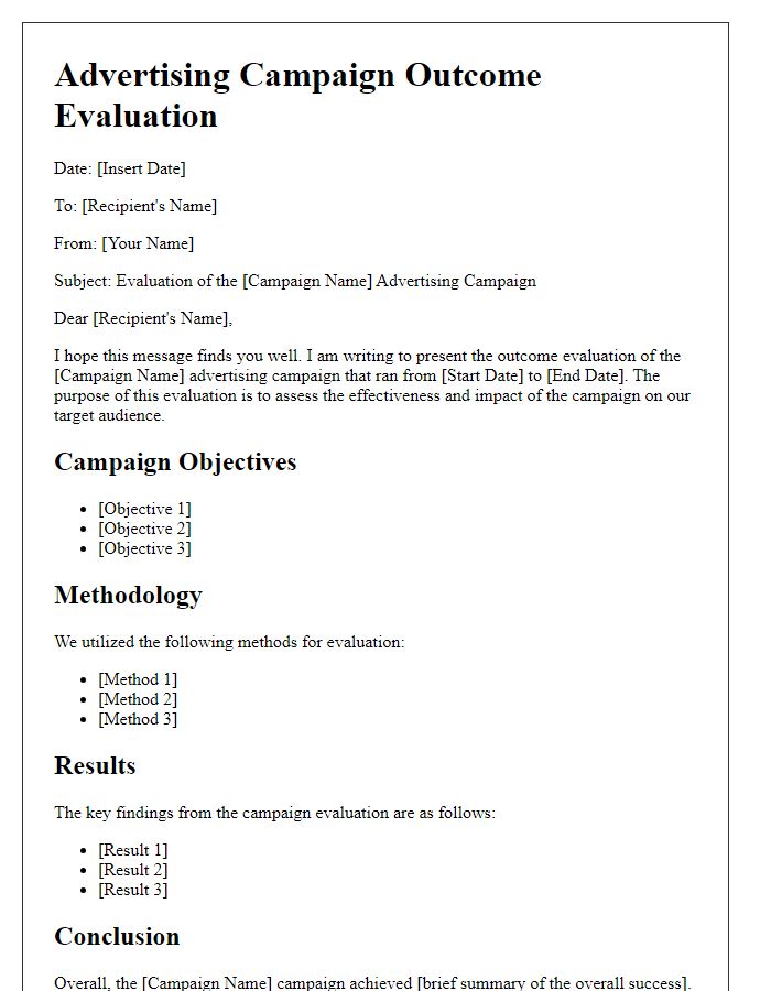 Letter template of advertising campaign outcome evaluation