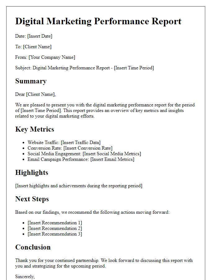 Letter template of digital marketing performance report