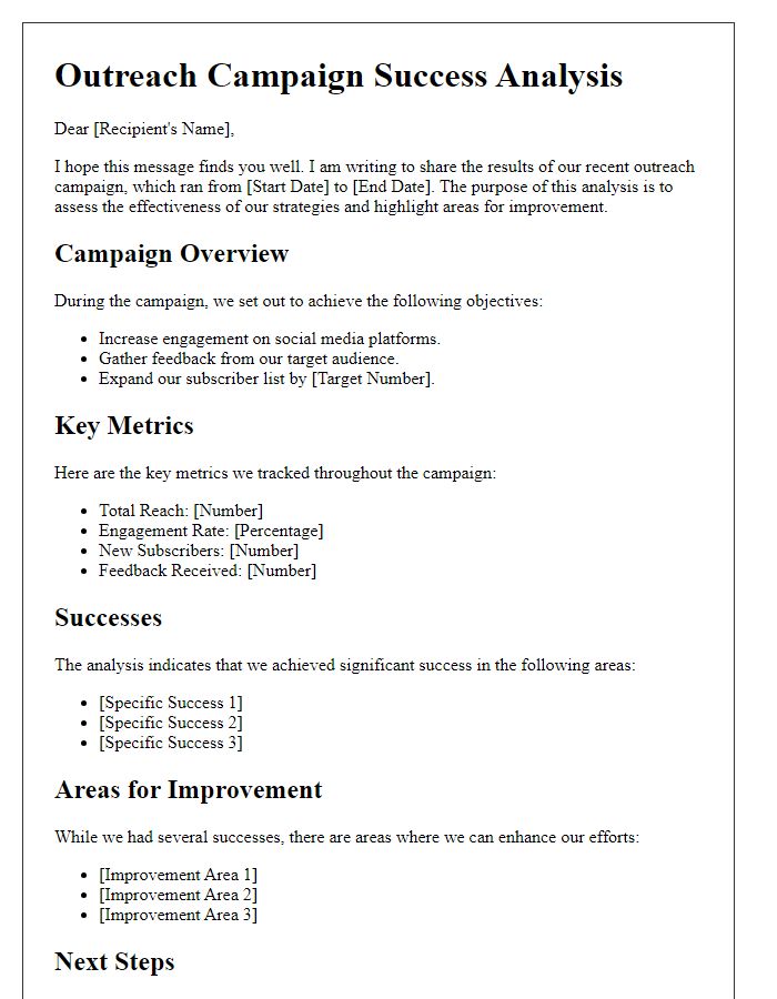 Letter template of outreach campaign success analysis