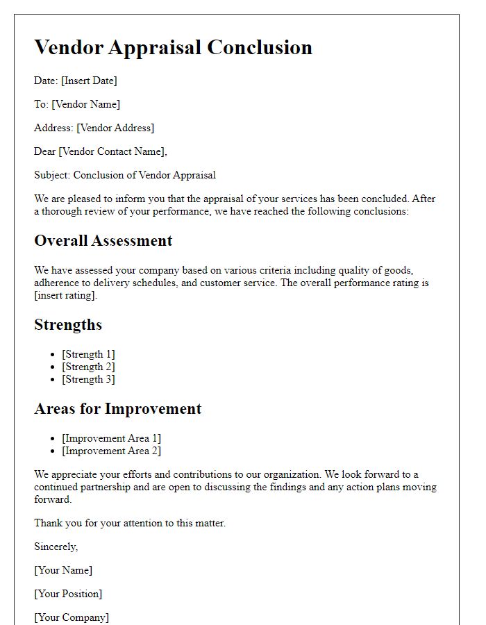 Letter template of vendor appraisal conclusions