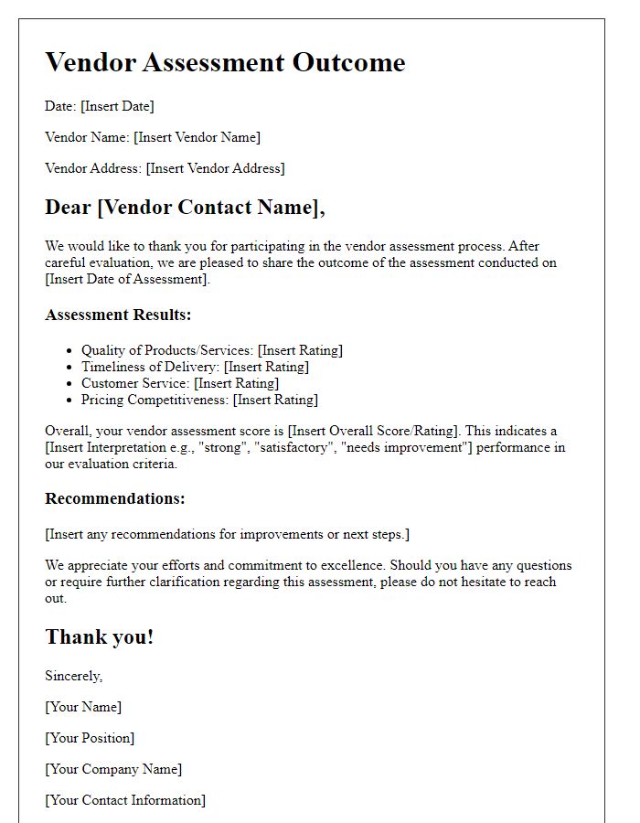 Letter template of vendor assessment outcomes