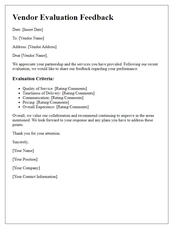 Letter template of vendor evaluation feedback