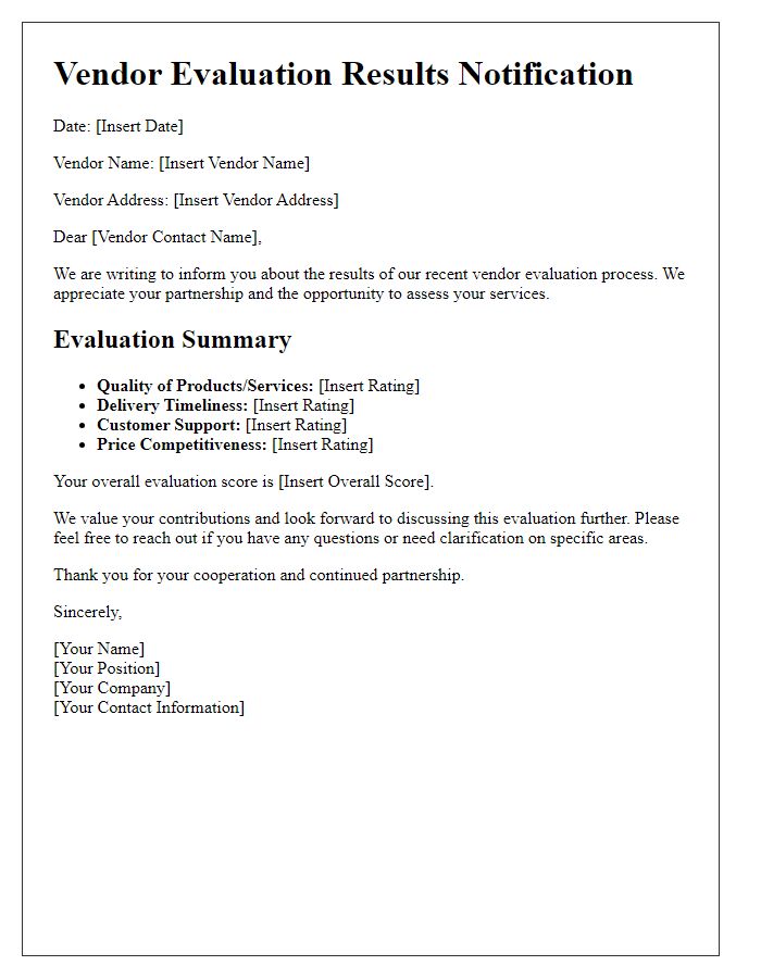 Letter template of vendor evaluation results notification