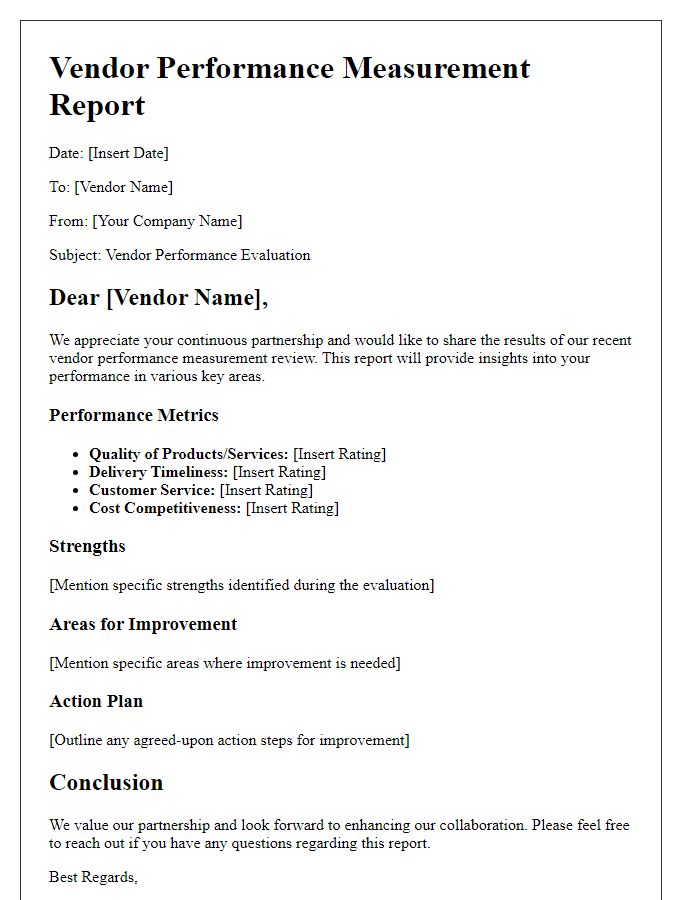 Letter template of vendor performance measurement report