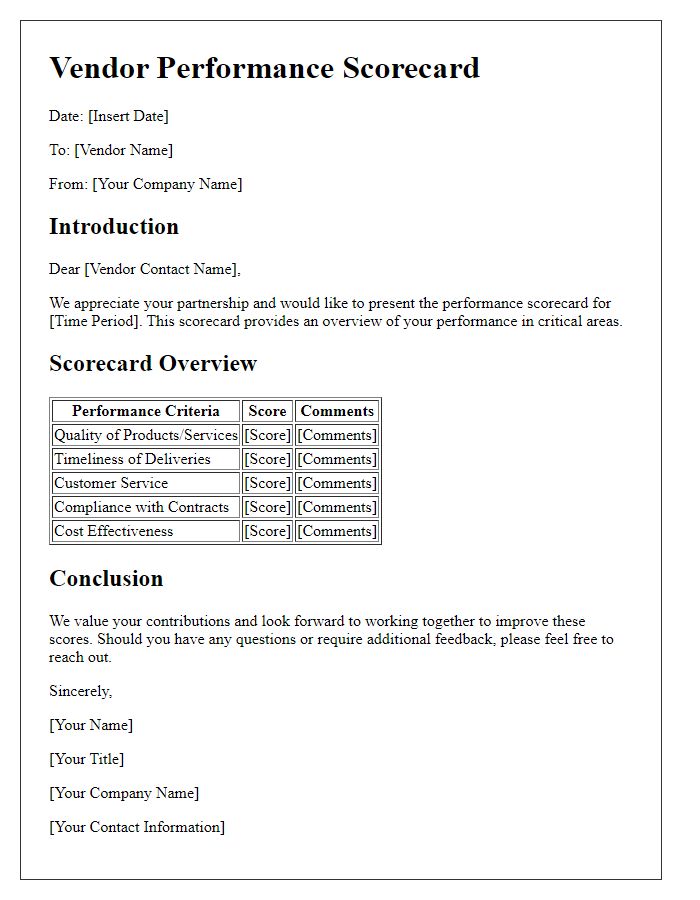 Letter template of vendor performance scorecard