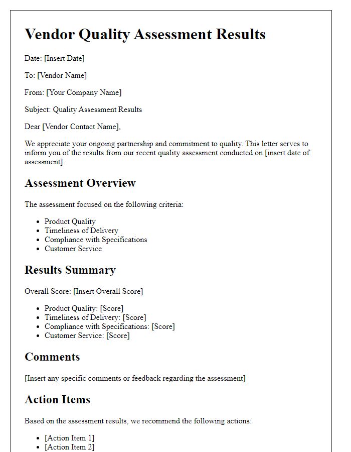 Letter template of vendor quality assessment results