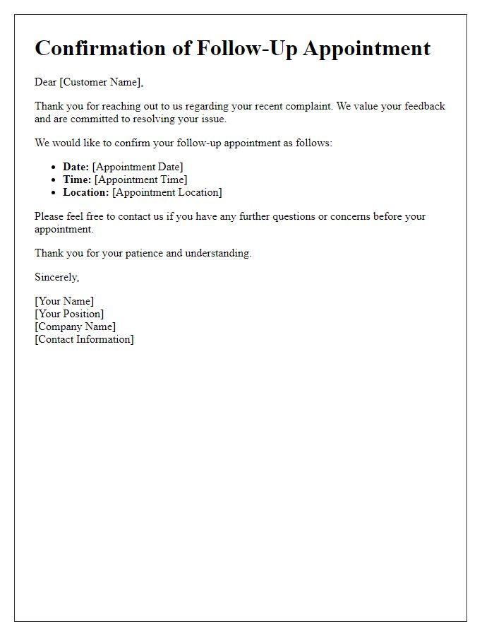 Letter template of confirmation for customer complaint follow-up appointment