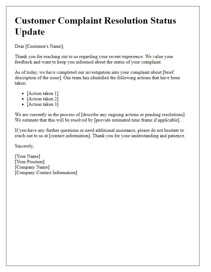 Letter template of customer complaint resolution status update