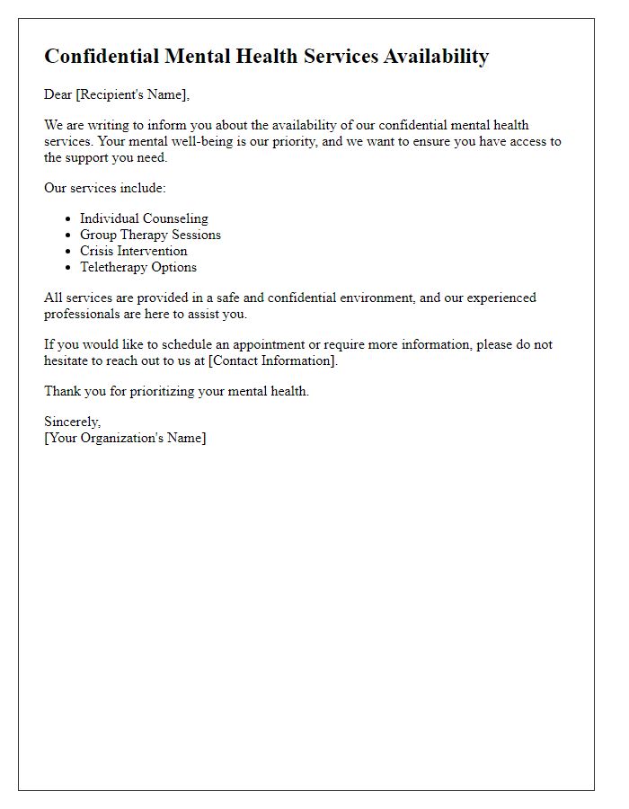 Letter template of confidential mental health services availability