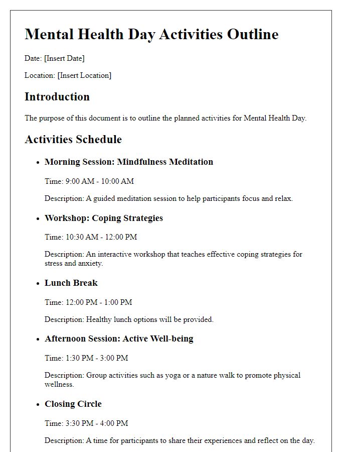 Letter template of mental health day activities outline