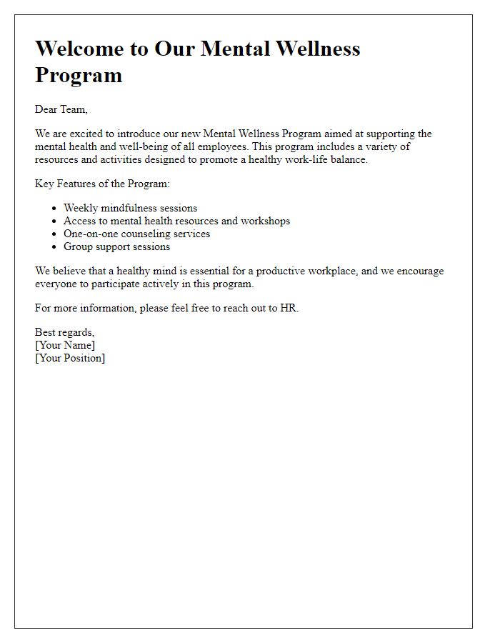 Letter template of mental wellness program introduction