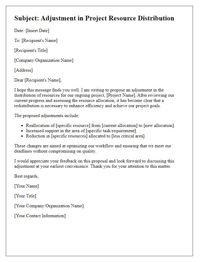 Letter template of adjustment in project resource distribution