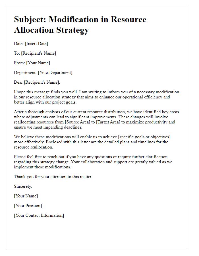 Letter template of modification in resource allocation strategy