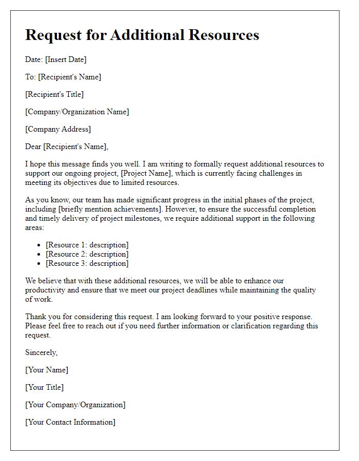 Letter template of request for additional resources for project support