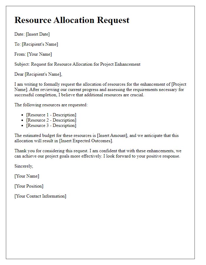 Letter template of resource allocation request for project enhancement