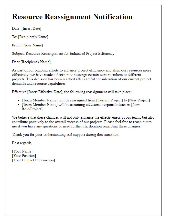 Letter template of resource reassignment for project efficiency