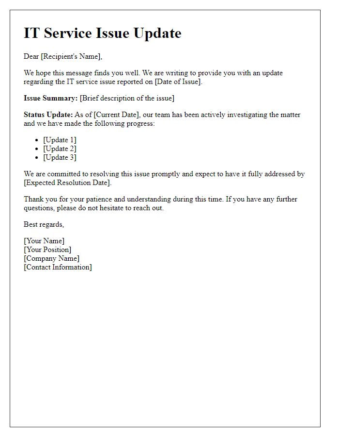 Letter template of IT service issue update