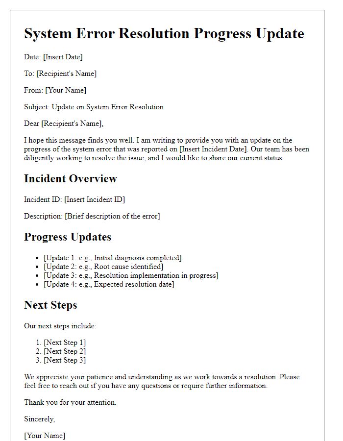 Letter template of system error resolution progress