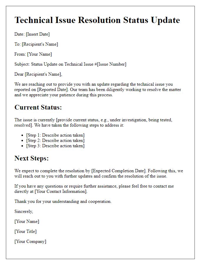 Letter template of technical issue resolution status update