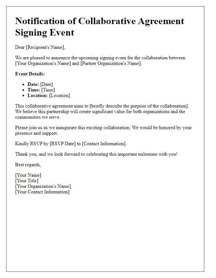 Letter template of collaborative agreement signing event notification