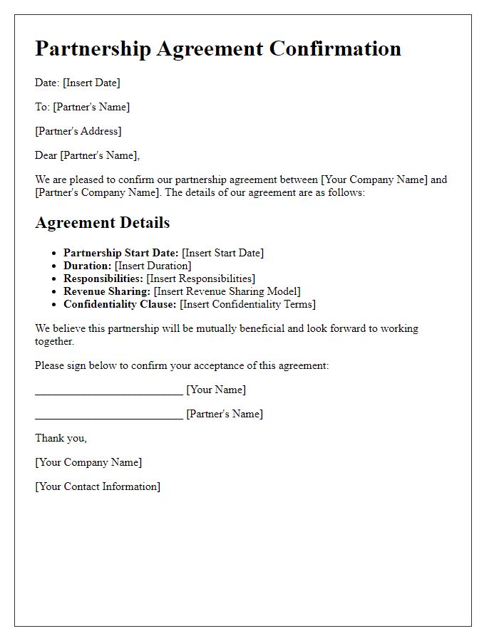 Letter template of partnership agreement confirmation details