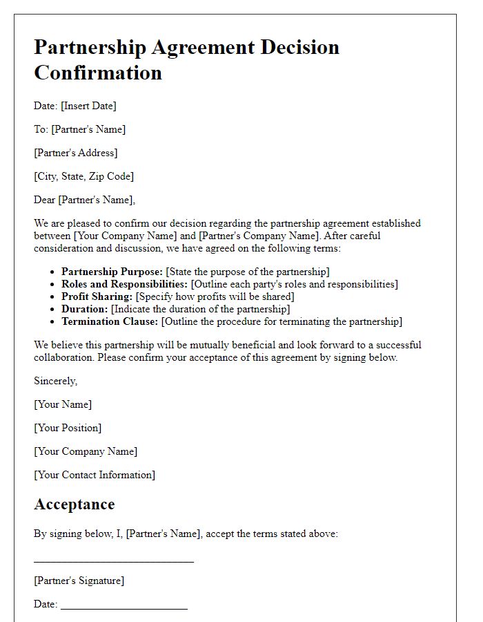 Letter template of partnership agreement decision confirmation