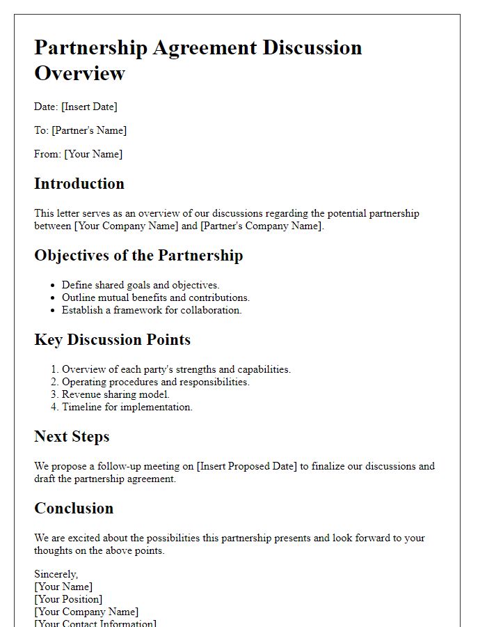 Letter template of partnership agreement discussion overview