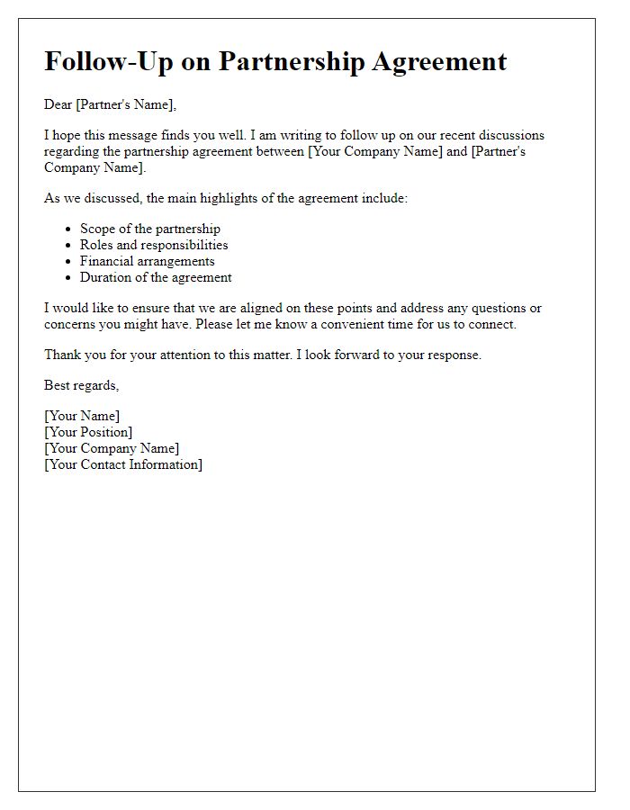 Letter template of partnership agreement follow-up communication