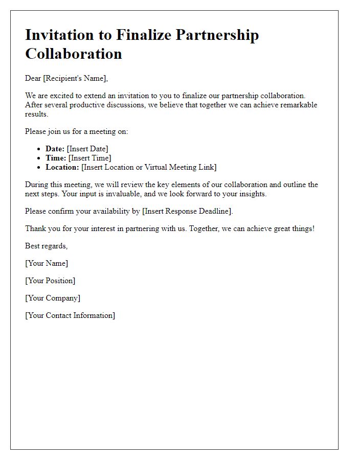 Letter template of partnership collaboration finalization invitation