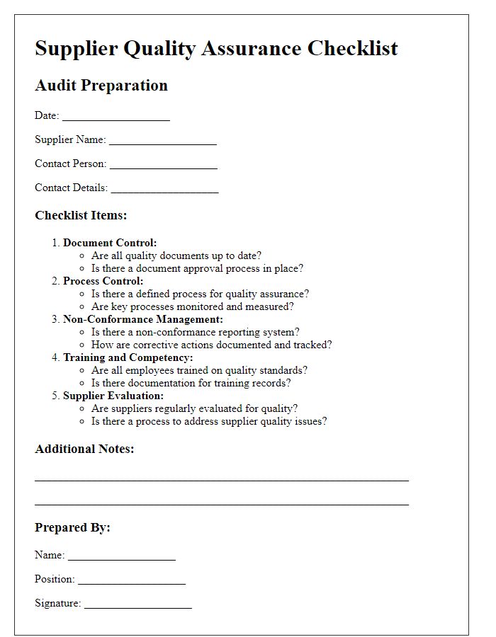 Letter template of Supplier Quality Assurance Checklist for Audit Preparation