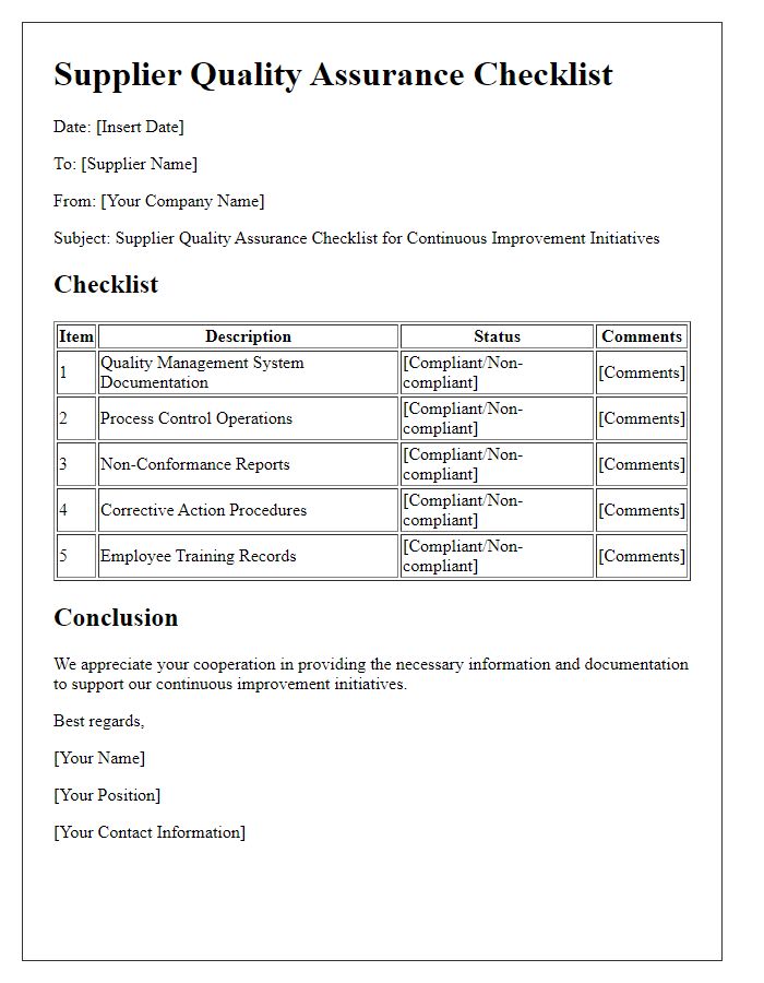 Letter template of Supplier Quality Assurance Checklist for Continuous Improvement Initiatives