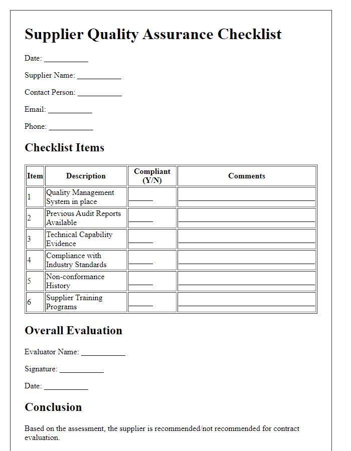 Letter template of Supplier Quality Assurance Checklist for Contract Evaluation