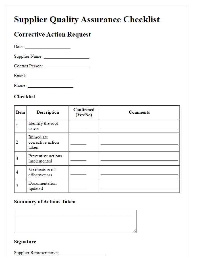 Letter template of Supplier Quality Assurance Checklist for Corrective Action Requests