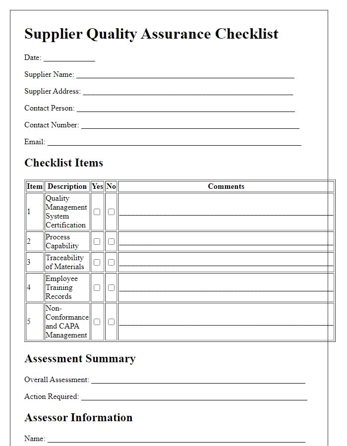 Letter template of Supplier Quality Assurance Checklist for Initial Assessment