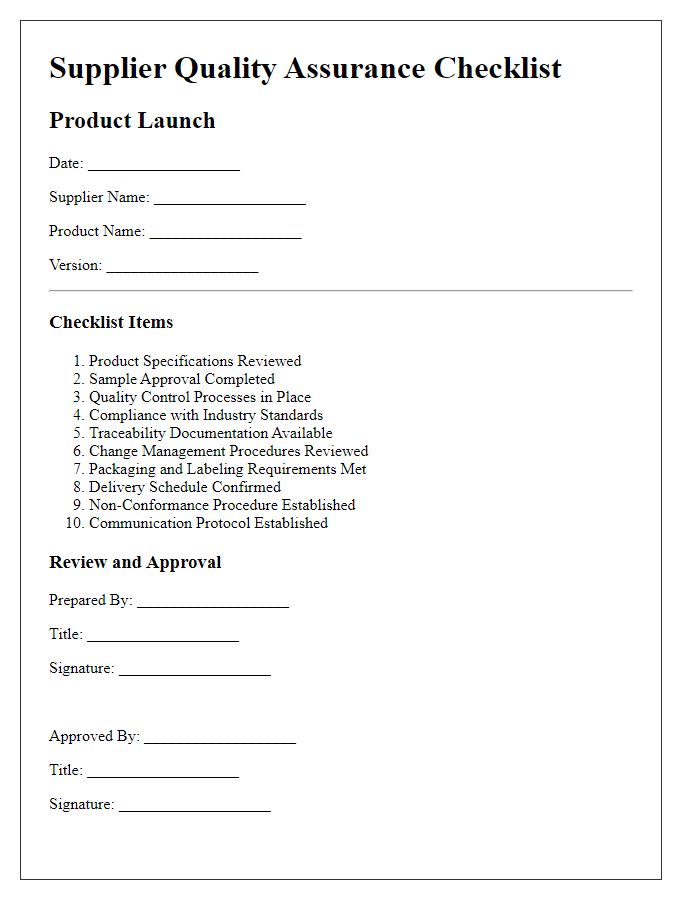 Letter template of Supplier Quality Assurance Checklist for Product Launch