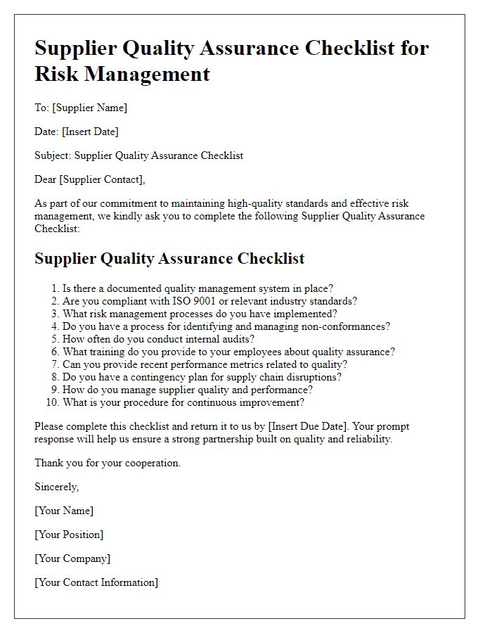 Letter template of Supplier Quality Assurance Checklist for Risk Management