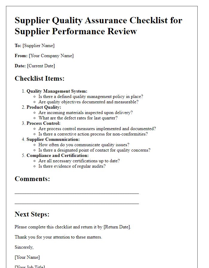 Letter template of Supplier Quality Assurance Checklist for Supplier Performance Review