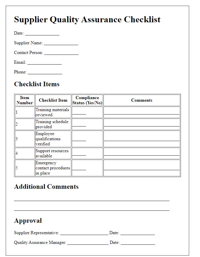 Letter template of Supplier Quality Assurance Checklist for Training and Support