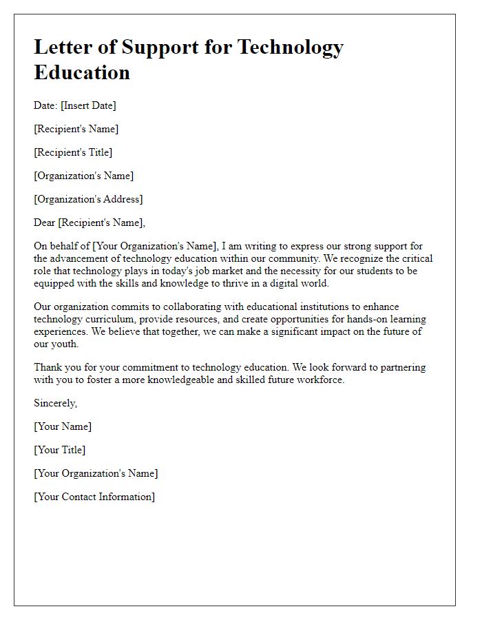 Letter template of organizational support for technology education