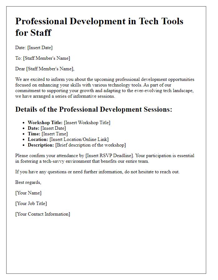 Letter template of professional development in tech tools for staff