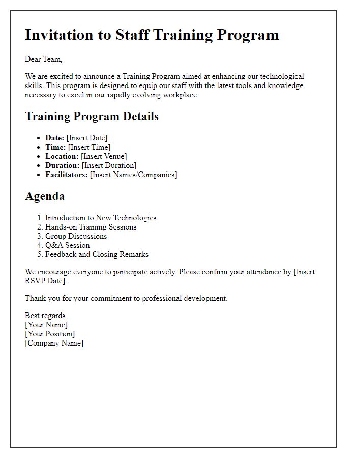 Letter template of staff training program for technological skill enhancement