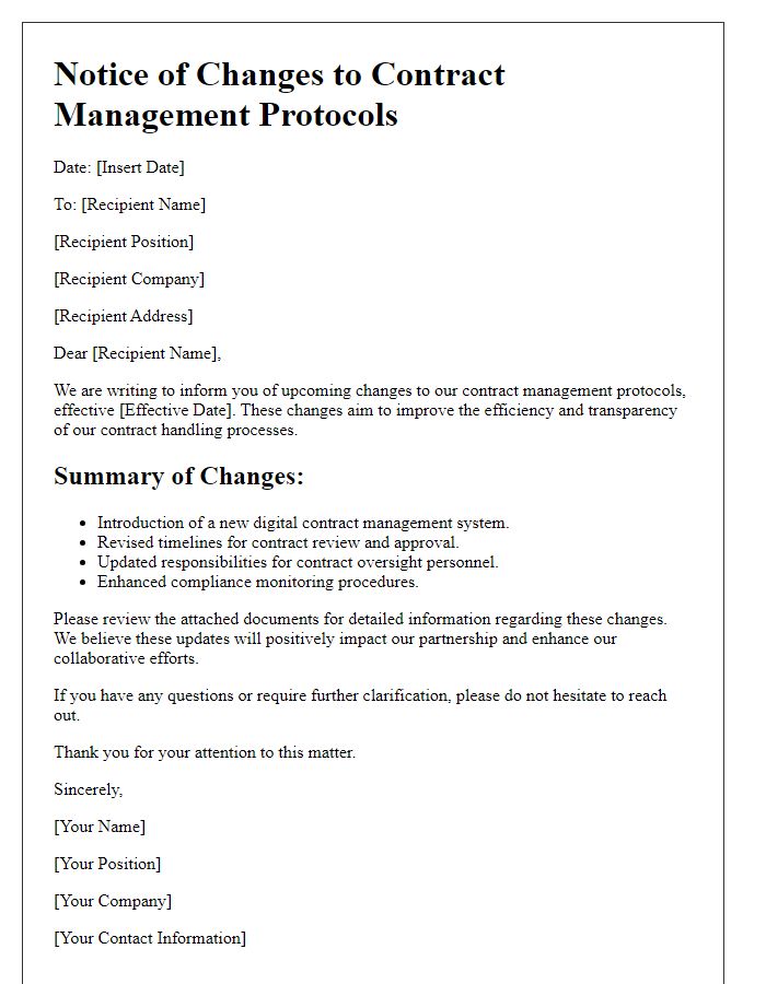 Letter template of changes to contract management protocols