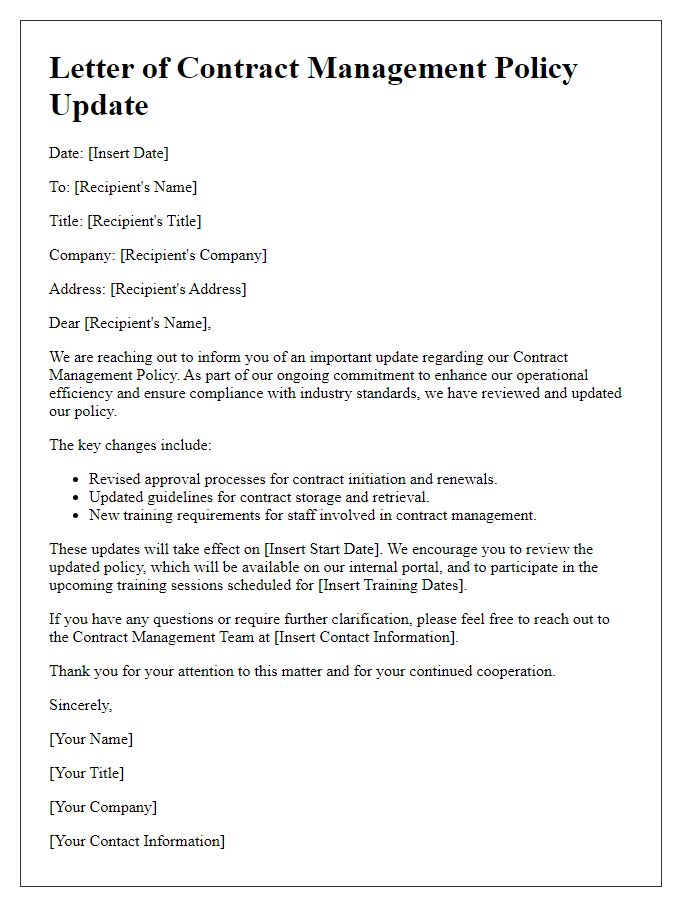 Letter template of contract management policy update