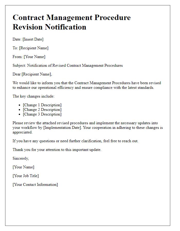 Letter template of contract management procedure revision notification