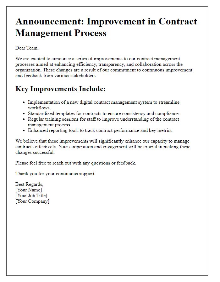 Letter template of contract management process improvement announcement